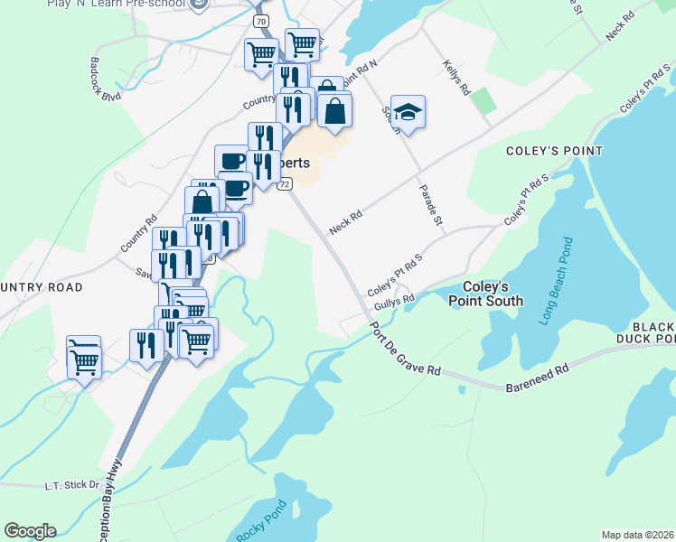 map of restaurants, bars, coffee shops, grocery stores, and more near 25 Bareneed Road in Coley's Point South