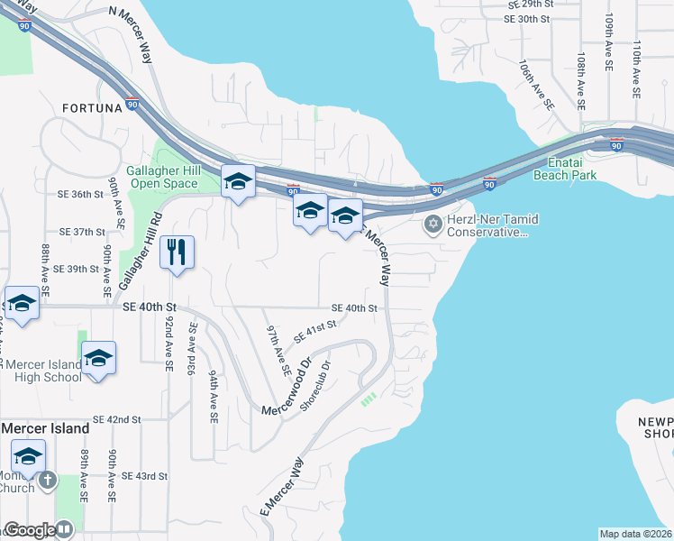 map of restaurants, bars, coffee shops, grocery stores, and more near 3801 East Mercer Way in Mercer Island
