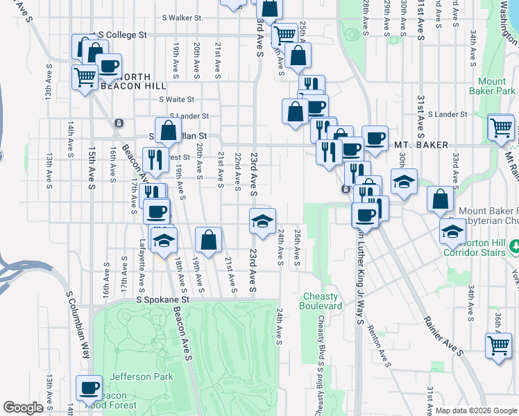 map of restaurants, bars, coffee shops, grocery stores, and more near 3100 23rd Avenue South in Seattle