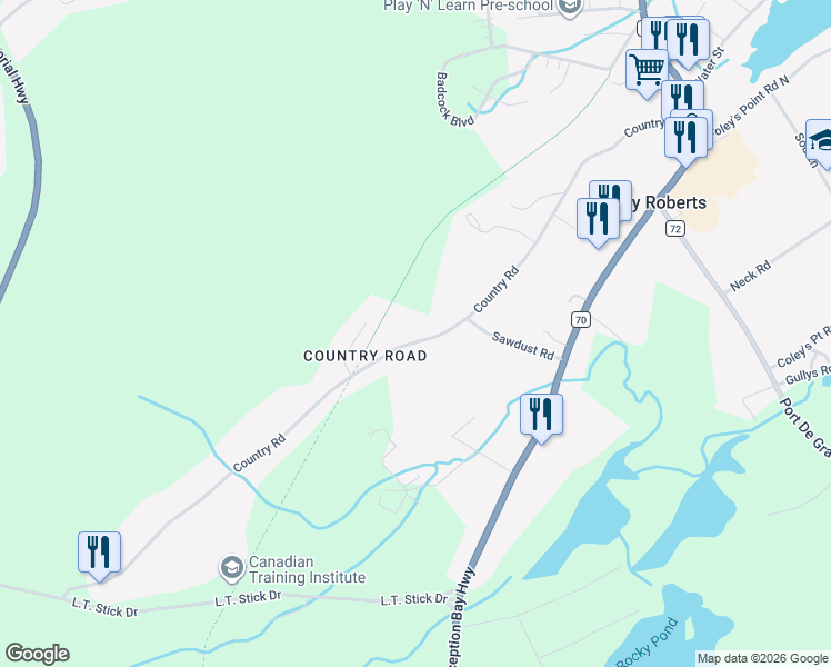 map of restaurants, bars, coffee shops, grocery stores, and more near 107 Country Road in Coley's Point South
