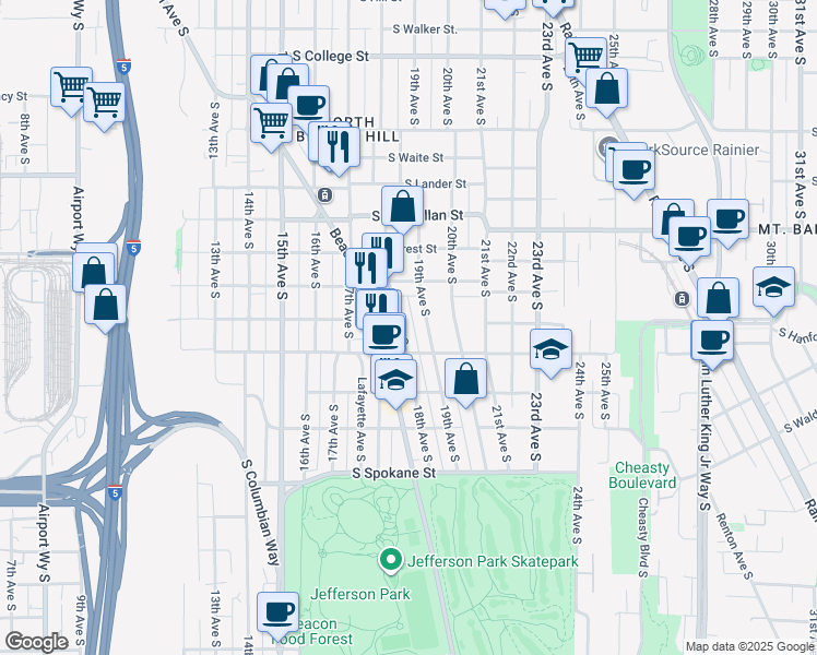 map of restaurants, bars, coffee shops, grocery stores, and more near 3042 18th Avenue South in Seattle