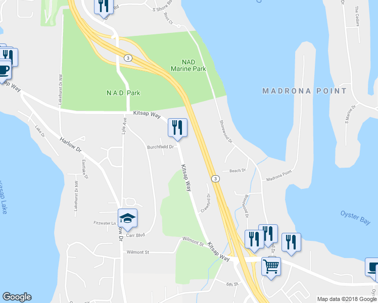 map of restaurants, bars, coffee shops, grocery stores, and more near 5670 Kitsap Way in Bremerton