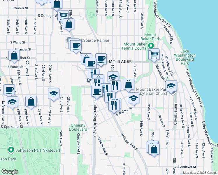 map of restaurants, bars, coffee shops, grocery stores, and more near 2931 South Mount Baker Boulevard in Seattle