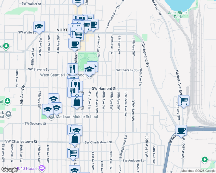 map of restaurants, bars, coffee shops, grocery stores, and more near 3913 Southwest Hanford Street in Seattle