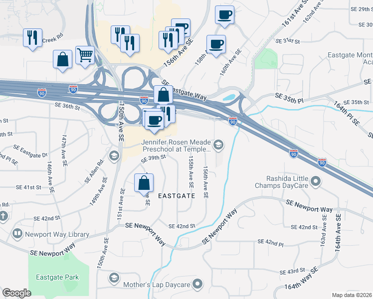 map of restaurants, bars, coffee shops, grocery stores, and more near 3811 155th Avenue Southeast in Bellevue