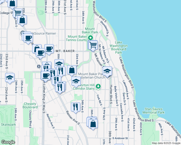 map of restaurants, bars, coffee shops, grocery stores, and more near 3140 35th Avenue South in Seattle