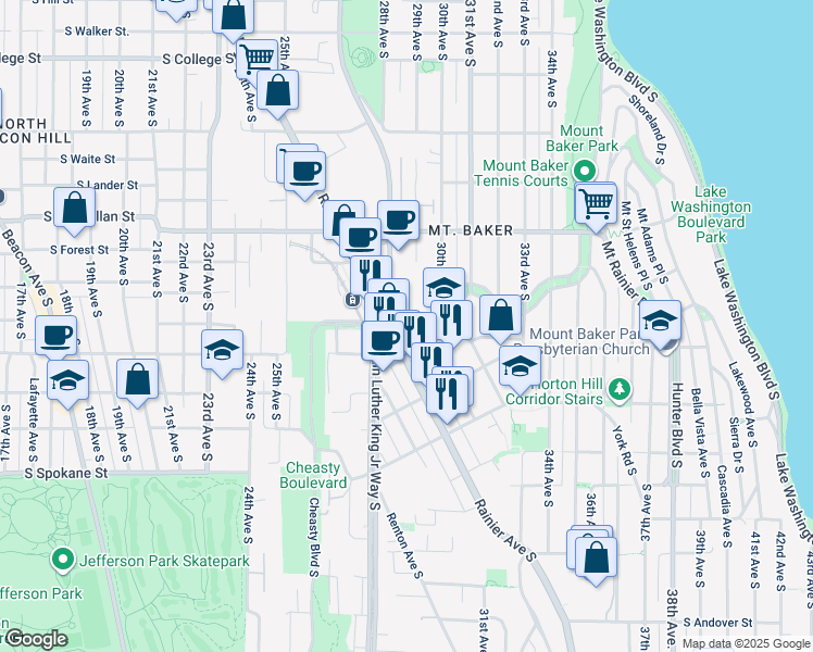 map of restaurants, bars, coffee shops, grocery stores, and more near 2931 South Mount Baker Boulevard in Seattle