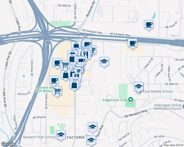 map of restaurants, bars, coffee shops, grocery stores, and more near 3803 130th Lane Southeast in Bellevue