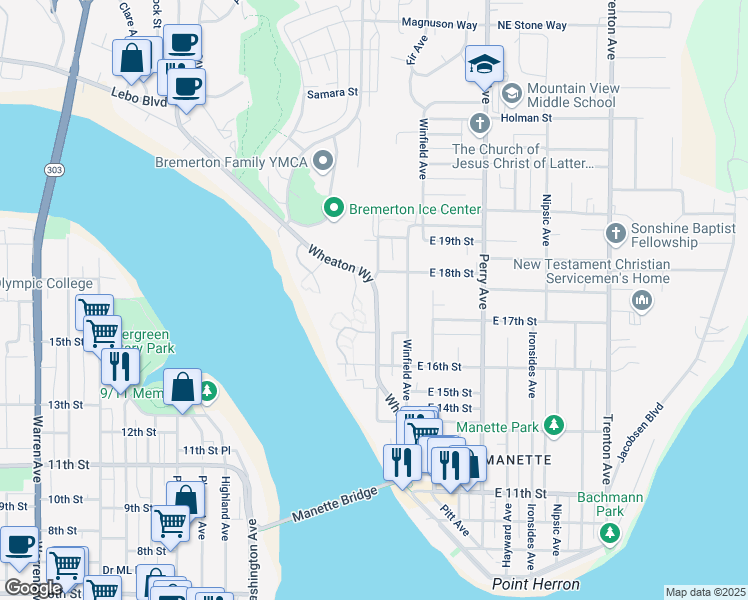 map of restaurants, bars, coffee shops, grocery stores, and more near 1735 Wheaton Way in Bremerton