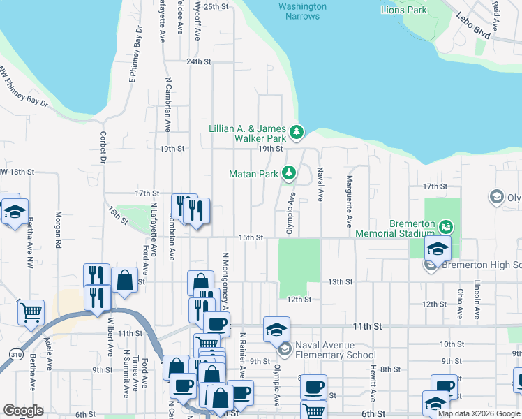 map of restaurants, bars, coffee shops, grocery stores, and more near 1538 Houston Avenue in Bremerton