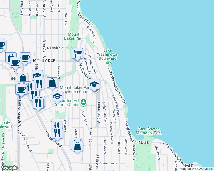 map of restaurants, bars, coffee shops, grocery stores, and more near 3140 Lakewood Avenue South in Seattle