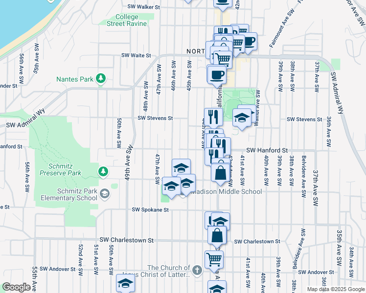 map of restaurants, bars, coffee shops, grocery stores, and more near 3201 45th Avenue Southwest in Seattle
