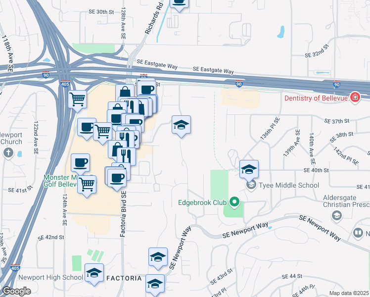 map of restaurants, bars, coffee shops, grocery stores, and more near 3810 132nd Avenue Southeast in Bellevue