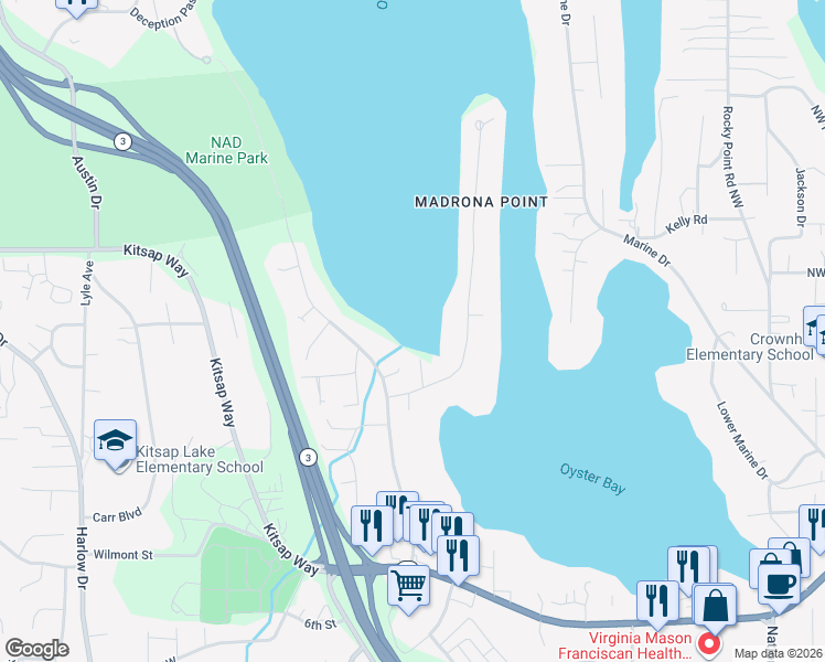 map of restaurants, bars, coffee shops, grocery stores, and more near 1415 Madrona Point in Bremerton