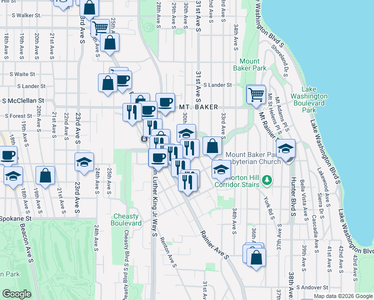 map of restaurants, bars, coffee shops, grocery stores, and more near 3015 South Hanford Street in Seattle
