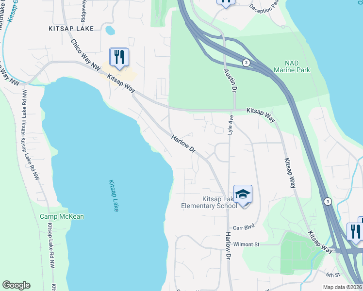 map of restaurants, bars, coffee shops, grocery stores, and more near 6219 Harlow Drive in Bremerton