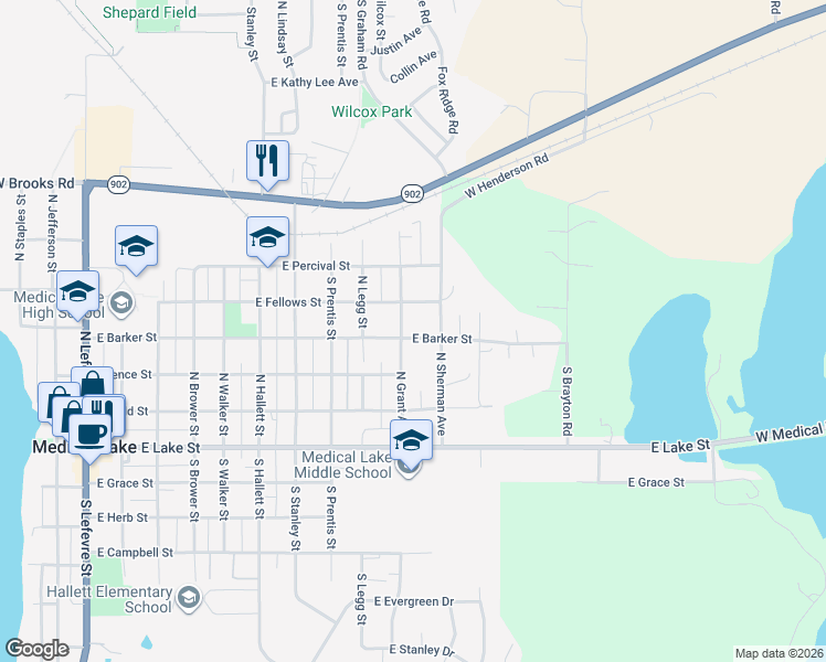 map of restaurants, bars, coffee shops, grocery stores, and more near 1005 East Barker Street in Medical Lake