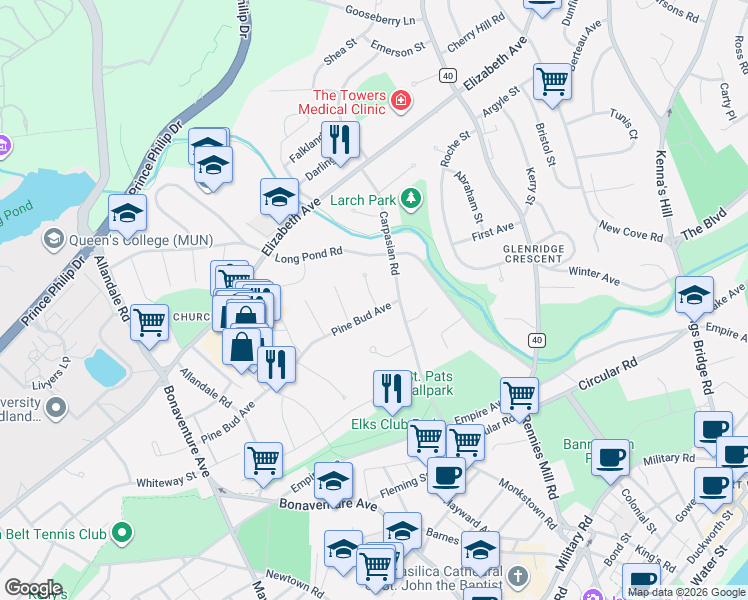 map of restaurants, bars, coffee shops, grocery stores, and more near 43 Carpasian Road in St. John's