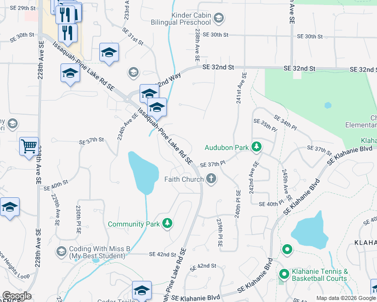 map of restaurants, bars, coffee shops, grocery stores, and more near 23773 Southeast 36th Lane in Issaquah