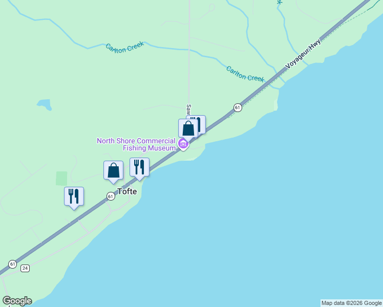 map of restaurants, bars, coffee shops, grocery stores, and more near 7134 Minnesota 61 in Tofte