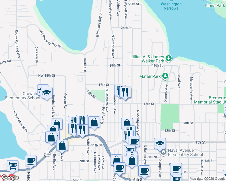 map of restaurants, bars, coffee shops, grocery stores, and more near 1537 North Cambrian Avenue in Bremerton