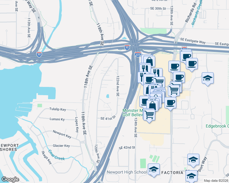 map of restaurants, bars, coffee shops, grocery stores, and more near 12175 Southeast 38th Place in Bellevue