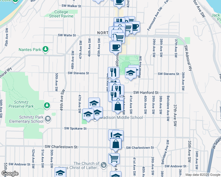 map of restaurants, bars, coffee shops, grocery stores, and more near 3200 44th Avenue Southwest in Seattle