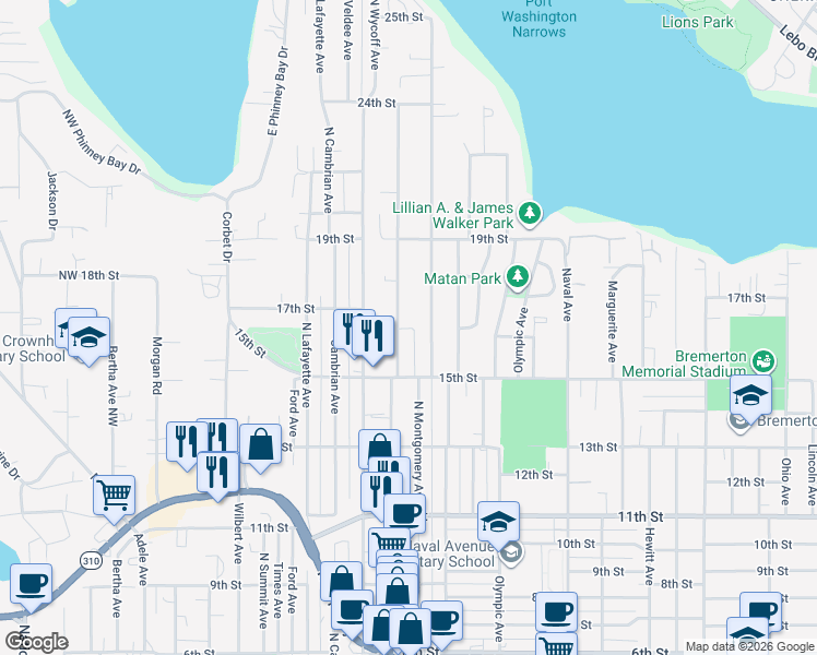 map of restaurants, bars, coffee shops, grocery stores, and more near 1523 Snyder Avenue in Bremerton