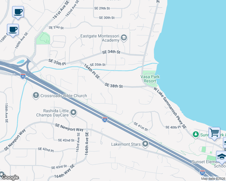 map of restaurants, bars, coffee shops, grocery stores, and more near 3833 166th Avenue Southeast in Bellevue