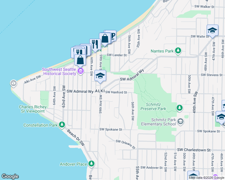 map of restaurants, bars, coffee shops, grocery stores, and more near 5709 Southwest Hanford Street in Seattle