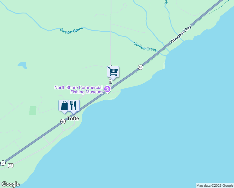 map of restaurants, bars, coffee shops, grocery stores, and more near 7134 Minnesota 61 in Tofte