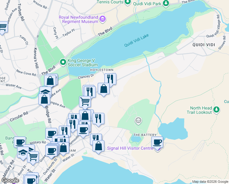 map of restaurants, bars, coffee shops, grocery stores, and more near 19 King Edward Place in St. John's