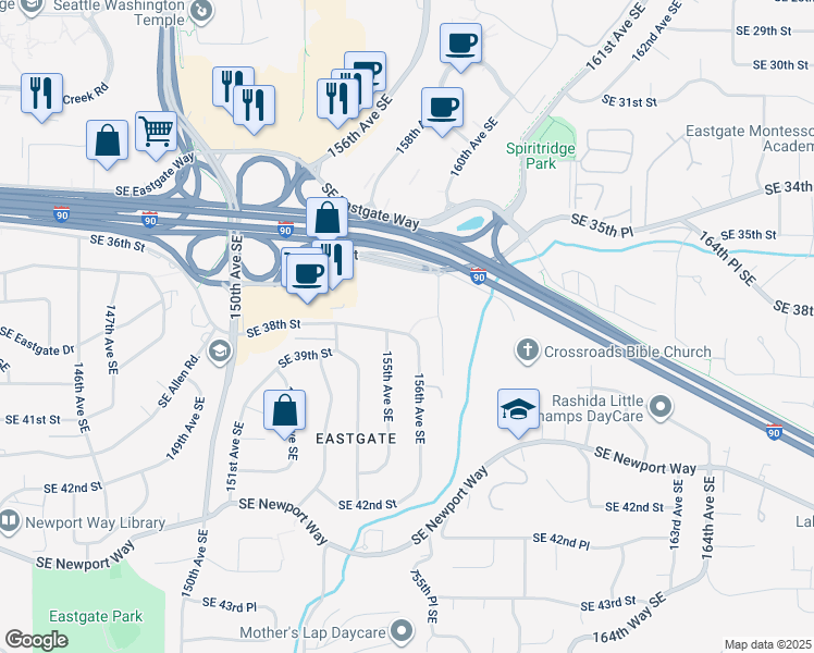 map of restaurants, bars, coffee shops, grocery stores, and more near 15514 Southeast 38th Street in Bellevue