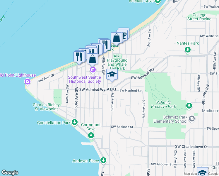 map of restaurants, bars, coffee shops, grocery stores, and more near 3208 60th Avenue Southwest in Seattle