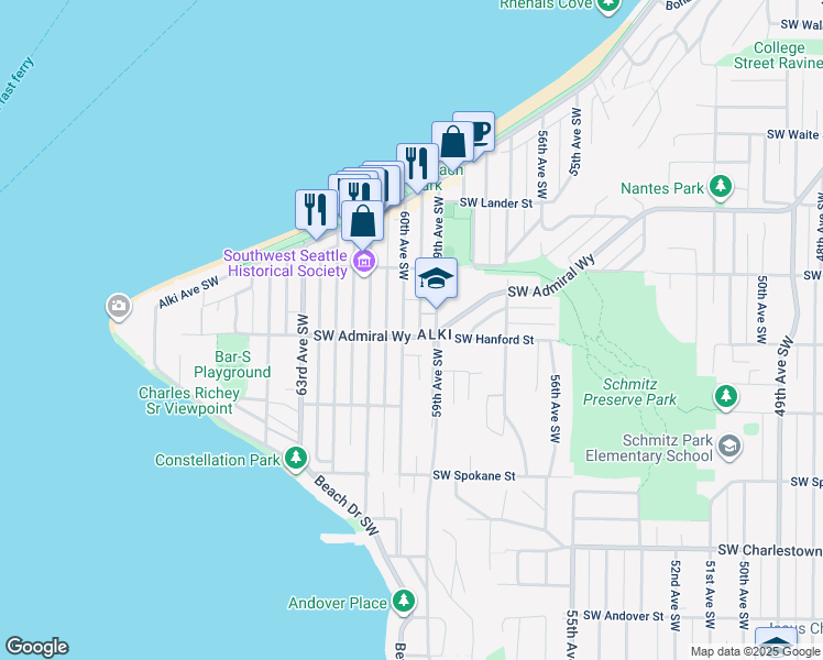 map of restaurants, bars, coffee shops, grocery stores, and more near 3208 60th Avenue Southwest in Seattle