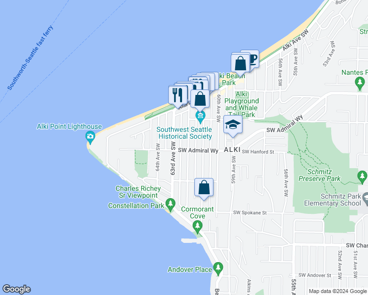 map of restaurants, bars, coffee shops, grocery stores, and more near 3210 62nd Avenue Southwest in Seattle