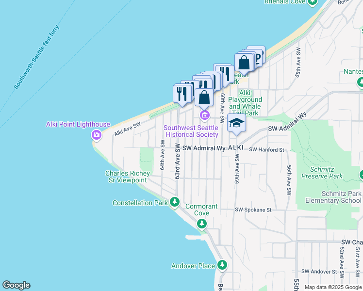 map of restaurants, bars, coffee shops, grocery stores, and more near 3213 63rd Avenue Southwest in Seattle