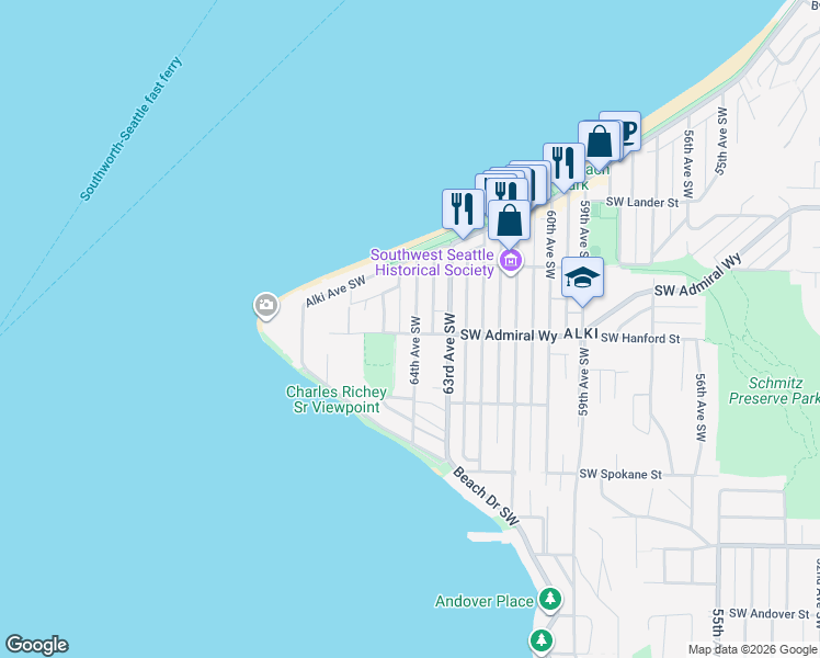 map of restaurants, bars, coffee shops, grocery stores, and more near 3213 64th Avenue Southwest in Seattle