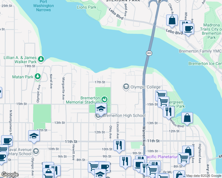 map of restaurants, bars, coffee shops, grocery stores, and more near 1542 Ohio Avenue in Bremerton
