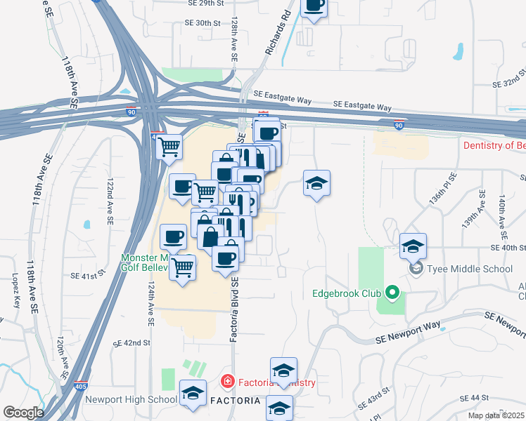 map of restaurants, bars, coffee shops, grocery stores, and more near 12920 Southeast 38th Street in Bellevue