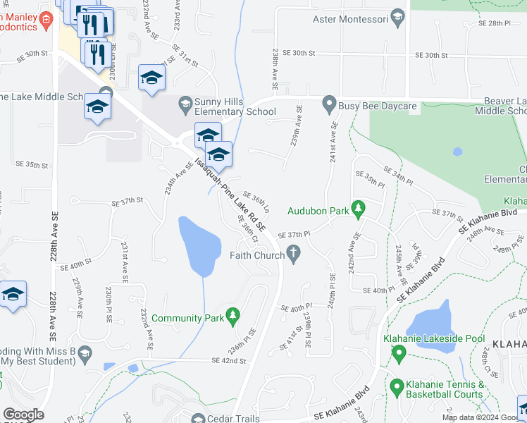 map of restaurants, bars, coffee shops, grocery stores, and more near 23773 Southeast 36th Lane in Issaquah