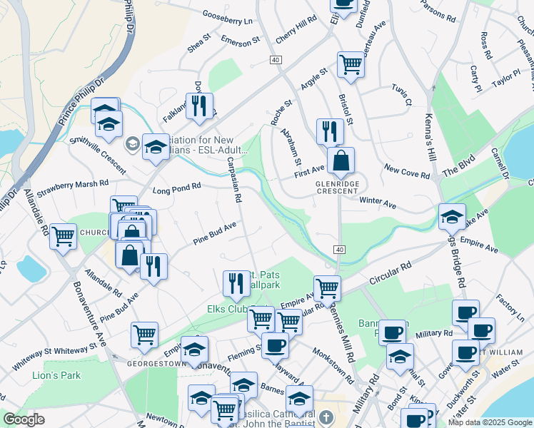 map of restaurants, bars, coffee shops, grocery stores, and more near 123 Rennies Mill Road in St. John's