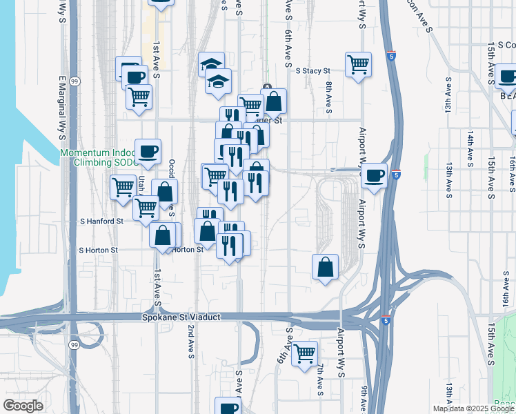 map of restaurants, bars, coffee shops, grocery stores, and more near 3200 4th Avenue South in Seattle