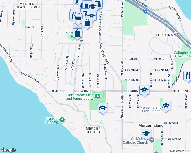 map of restaurants, bars, coffee shops, grocery stores, and more near 3846 80th Avenue Southeast in Mercer Island