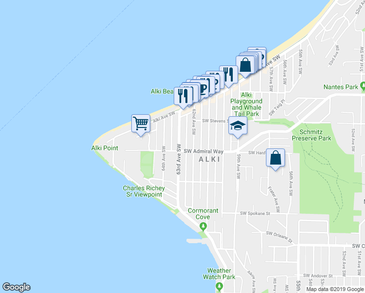 map of restaurants, bars, coffee shops, grocery stores, and more near 3213 63rd Avenue Southwest in Seattle