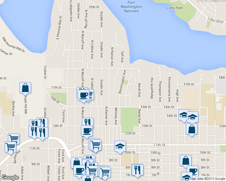 map of restaurants, bars, coffee shops, grocery stores, and more near 1522 North Rainier Avenue in Bremerton