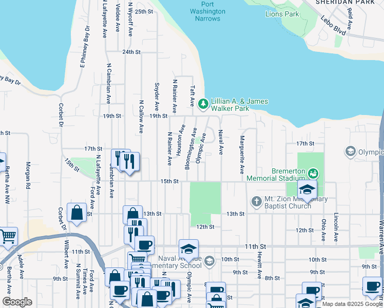 map of restaurants, bars, coffee shops, grocery stores, and more near 1544 Bloomington Avenue in Bremerton