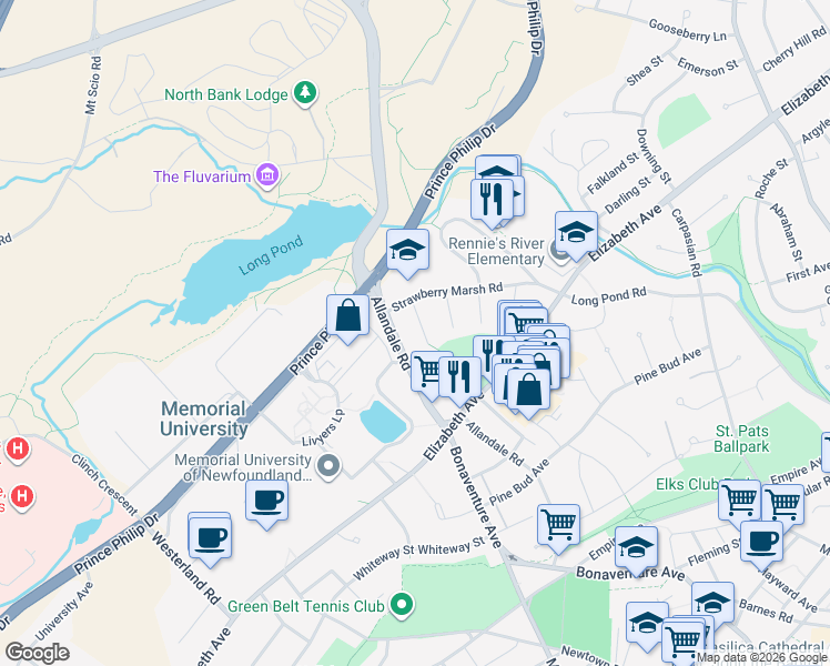 map of restaurants, bars, coffee shops, grocery stores, and more near 7 Appledore Place in St. John's