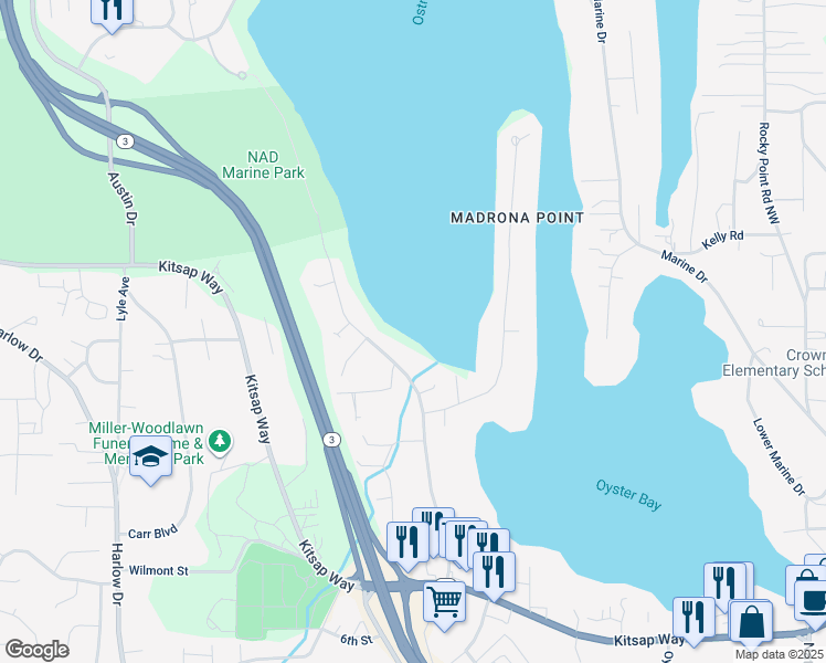 map of restaurants, bars, coffee shops, grocery stores, and more near 1520 Shorewood Drive in Bremerton