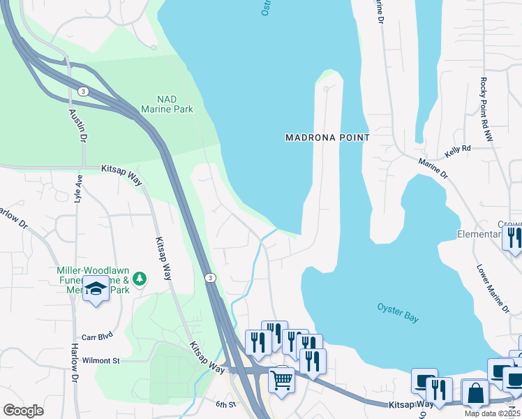 map of restaurants, bars, coffee shops, grocery stores, and more near 1520 Shorewood Drive in Bremerton
